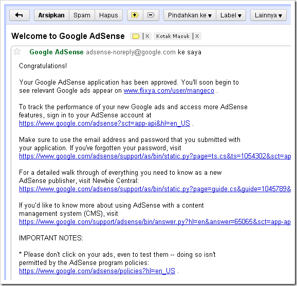 welcome to google adsense notification