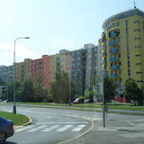 On the bus to Prague's Little Hanoi - the Soviet-era buildings have been painted with cheerful colors
