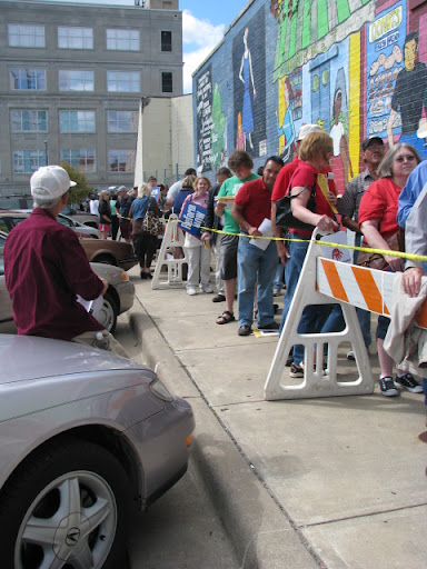 People wait outside the Gillioz Theater to hear Senator Claire McCaskill.