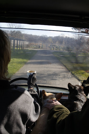 We're driving past the pergola, headed towards the vegetable garden.  We're sitting between Martha and Mike, the property manager.