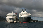 Aft view of the Queen Mary 2 docked in Saint Kitts