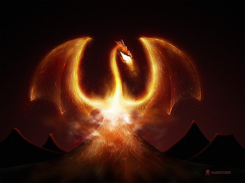 Fire Dragon In Rocks, Dragons