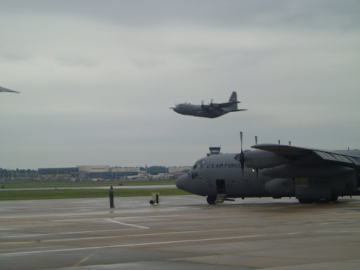 The C-130 taking off is headed to a city where hospital and emergency crews are on standby to receive the mock patients. (Photo credit: Jennifer Moore)