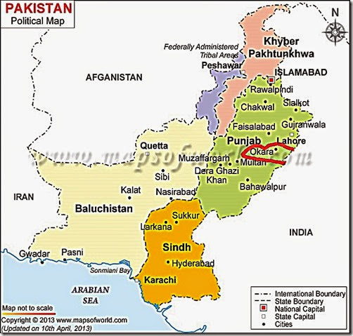 Punjab, Pakistan - focus on Okara City in red Punjab, Pakistan - focus on Okara City in red