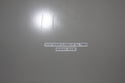 This is the door to the server room and it needs to be kept closed.  The AC is on to keep the room cool because of all the sensitive equipment in there.