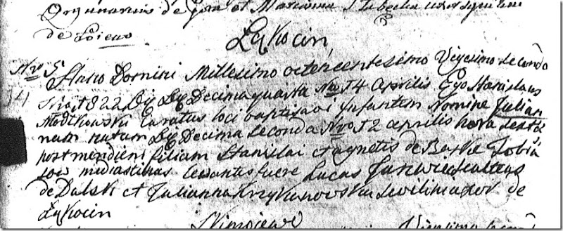 Baptism of Julianna Tobiasz - 14 Apr 1822 - Page 225 - No 34 - Gora Parish
