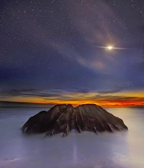 The moon falls through a veil of high clouds as twilight turns to stars.   This is a blend of two images taken a couple minutes apart.  The blend was neccessary to keep highlights visible in the boulder while keeping the brightness of the moon in check.