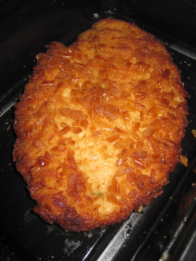 Chicken breaded (on one side only) with fresh bread crumbs.