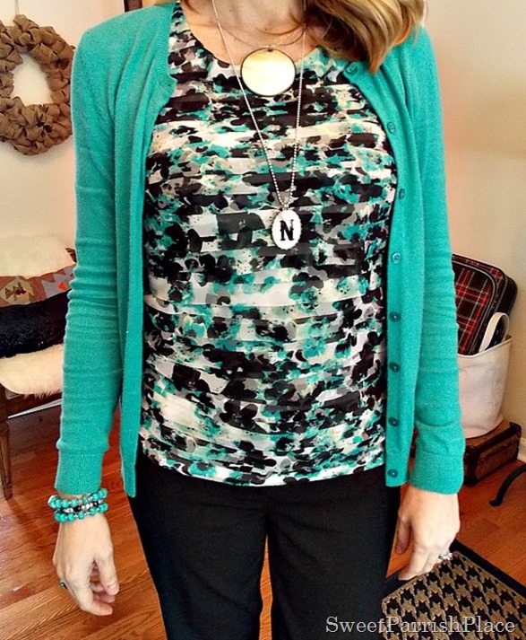 Black ankle pants, Tiered Floral tank, turquoise cardigan with zebra flats3