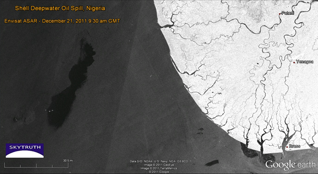 Envisat ASAR satellite radar image showing large slick (black) from major Shell oil spill off Niger Delta.  Image taken 21 December 2011 at 9:30am local time. Courtesy European Space Agency via skytruth.org