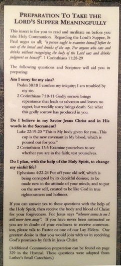 c0 St Matthew Lutheran Church pew card regarding communion