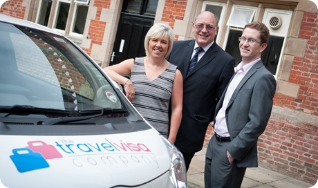 The Travel Visa Company co-founders Karen Taylor and Ray Ward with Zeus PR account manager Simon Halewood, right