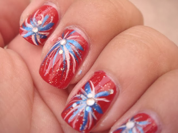 Firecracker Fireworks Red White And Blue Diamond Manicure Nail Nails Art Fingers Fingernail 4th Of July Patriotic Fourth Of July Nails Design