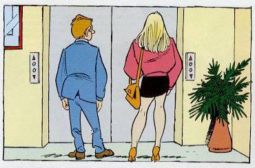 Man and woman standing outside elevator door