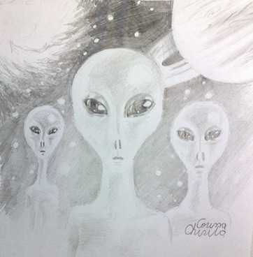 Intalnire de gradul 3 cu 3 extraterestrii desen in creion - Aliens pencil drawing
