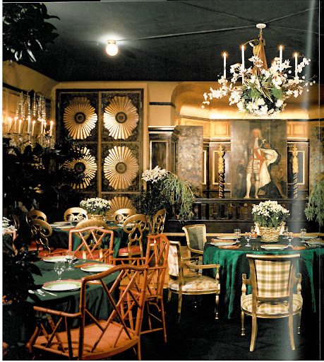 A dining room at the Duquette Pavillion, set for a fabulous party.