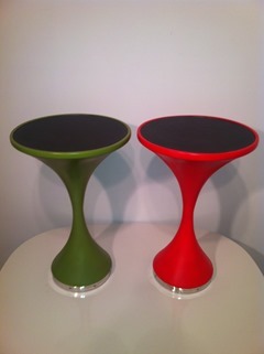 Pair of unmarked tulip tables in red and green