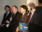 Bob Perry, Vice President, Panasonic Consumer Electronics Company, addresses the media at Panasonic's 3D event at Best Buy's NYC Union Square location.  He is joined by representatives from Best Buy, Fox Video, and DirecTV.