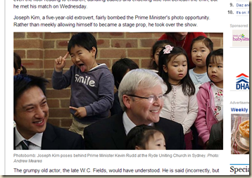 All smiles as five-year-old photobomber upstages PM Kevin Rudd
