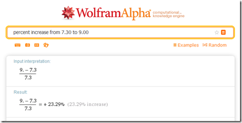 Wolfram Alpha: percent increase from 7.30 to 9.00