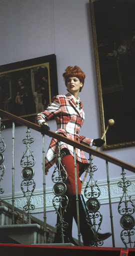 Linda Evangelista tartan riding jacket and pants by Jean-Paul Gaultier. Arthur Elgort/Vogue/Conde Nast Publications. Linda Evangelista tartan riding jacket and pants by Jean-Paul Gaultier. Arthur Elgort/Vogue/Conde Nast Publications.