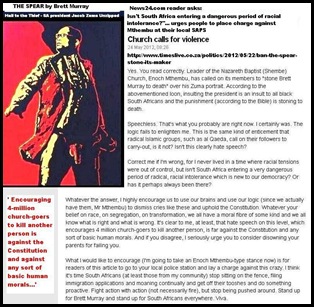 Black racist hatespeech ZUMA painting BAPTIST CHURCH LEADER ENOCH MTHEMBU CALLS FOR STONING TO DEATH OF ARTIST BRETT MURRAY