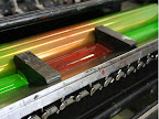 To produce this suite, Studio on Fire utilized a split ink fountain. That's where a couple of colors are loaded in the ink fountain and blended together in a single color pass on press. To produce this suite, Studio on Fire utilized a split ink fountain. That's where a couple of colors are loaded in the ink fountain and blended together in a single color pass on press.
