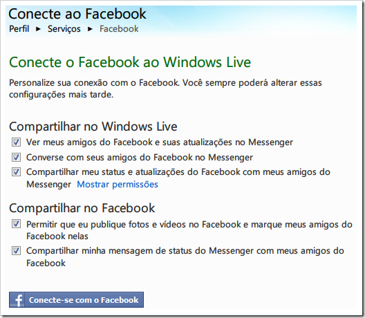 Configurações do Facebook no Windows Live Configurações do Facebook no Windows Live
