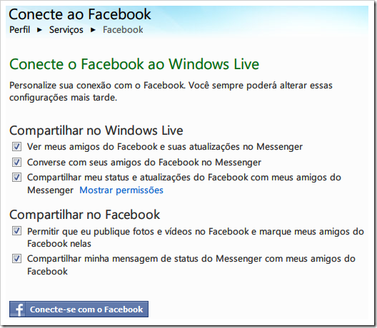 Configurações do Facebook no Windows Live