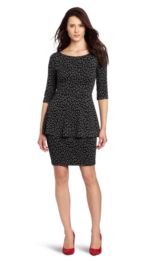 My Dresses Only Hearts Women's Leopard Jacquard Peplum Dress (Slate/Black)
