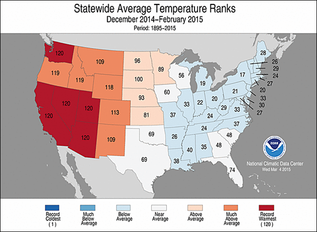 Rankings for average winter temperatures for each state in the Lower 48 for the winter of 2014-2015. Photo: NOAA / NCDC