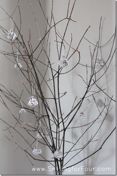 Winter Wedding Idea - Sparkly Branch Centerpiece from Setting for Four #diy #tutorial #wedding #winter #decor #centerpiece