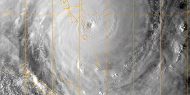 Satellite view of Cyclone Pam as it passes over the island nation of Vanuatu on 13 March 2015. Photo: caledosphere.com