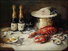 Simon Van Gelderen, Nature morte aux huitres, homard, poisson et champagne Simon Van Gelderen, Nature morte aux huitres, homard, poisson et champagne