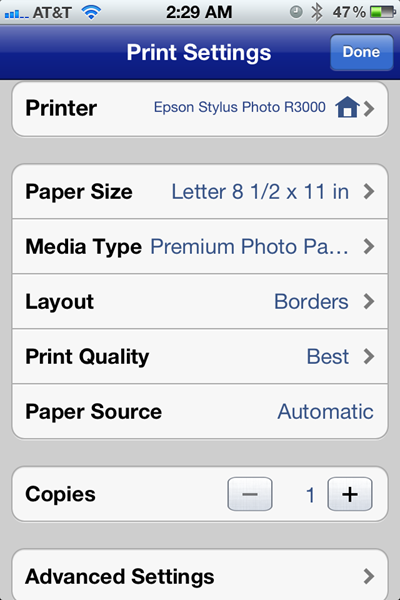 Epson iPrint Print Settings