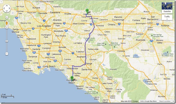 Glendora to Huntington Beach Map
