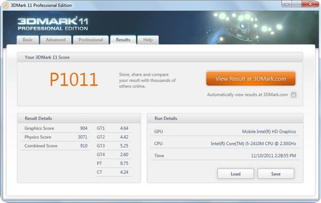 DELL Inspiron N4110 3dmark11 benchmark.