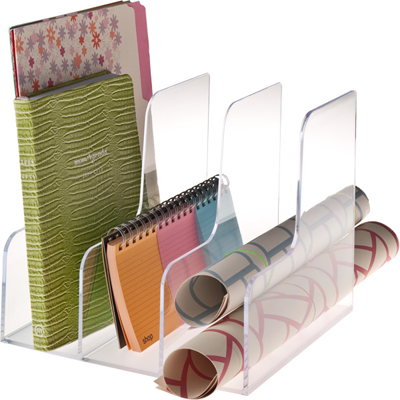 Versatile enough to hold just about anything. We love how the see-through acrylic blends into the background. Acrylic Magazine Sorter, $24.99, containerstore.com [photo courtesy of The Container Store]
