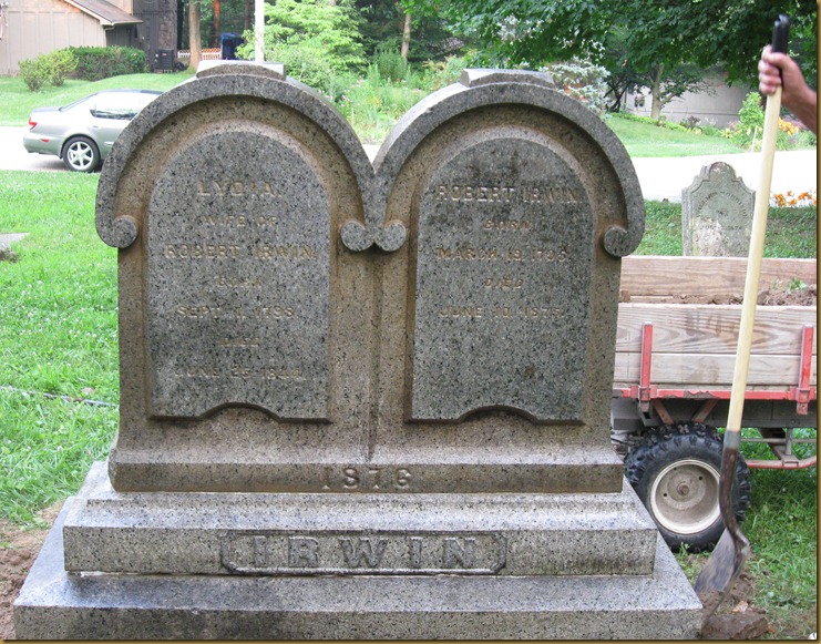 Robert Irwin and his wife Lydia (Cox) Irwin are buried at Old Pisqua Cemetery