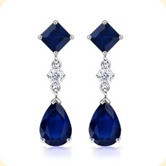Pear, Square Sapphire and Diamond Dangle Earrings
