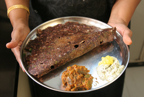 Ragi Roti served with coconut chutney and an eggplant and pepper palia. One of my favorite breakfasts! I also make this for lunch and dinner in New York.