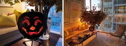 A glittery pumpkin, an arrangement of fall leaves, and light from a New York sunset.