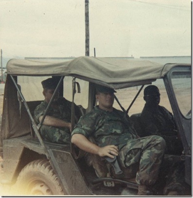 Russ in jeep in Viet Nam 1969 Driver Cpl Bundick Sgt Flohre in back Russ in jeep in Viet Nam 1969 Driver Cpl Bundick Sgt Flohre in back