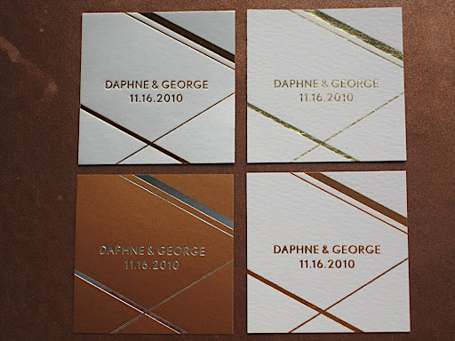 ForYourParty.com printed four color combos for our gift tags: silver foil on white, gold foil on white, silver foil on copper, and copper foil on white.