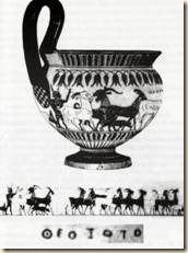 Vaso raffigurante scena con  animali (sotto il vaso, la riproduzione completa della scena). In calce, la firma dell'autore THEOZOTO.