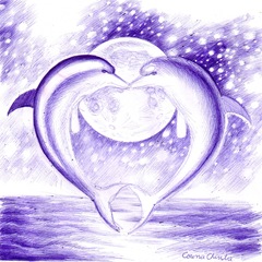 Delfini indragostiti  in lumina lunii desen facut cu pixul - Dolphin love in the moonlight pen drawing
