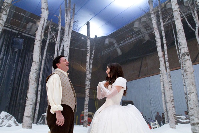 Nathan Lane and Lily Collins enter, laughing -- "Snow White," September 13, 2011