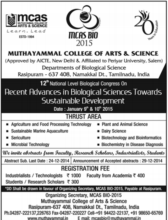 MCAS Conference Recent Advances in Biological Sciences Towards Sustainable Development | 9-10 January 2015