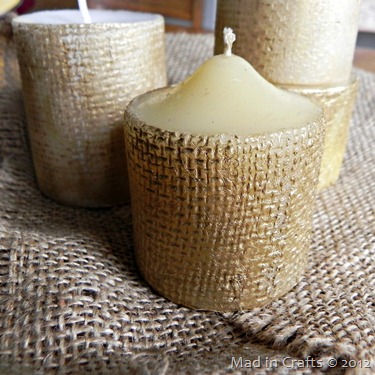 pottery barn inspired gold burlap pillar candles