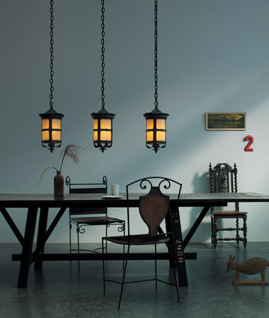 The Hathaway is an outdoor pendant but here it hangs inside over a dining table. The Hathaway is an outdoor pendant but here it hangs inside over a dining table.